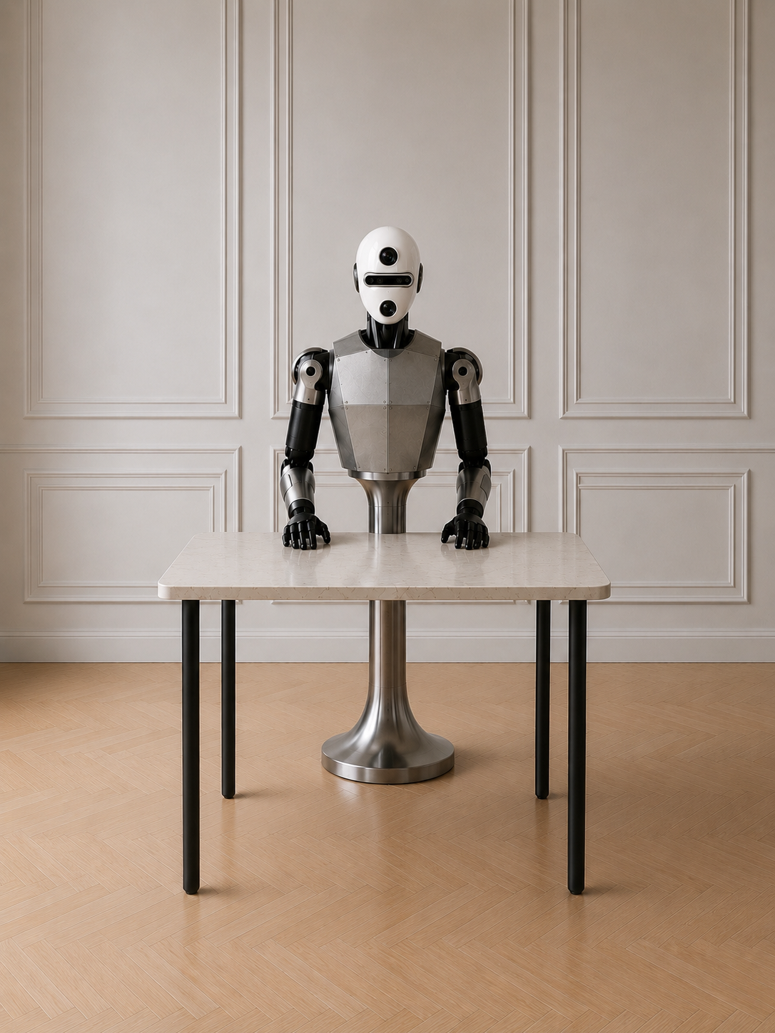 Pierre, the Manifest humanoid prototype, standing at a table